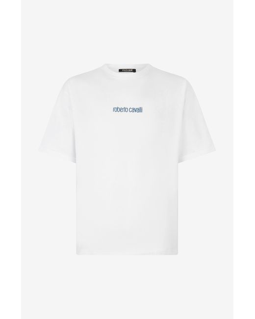 Roberto Cavalli White Cotton T-Shirt With Dragon And Logo for men