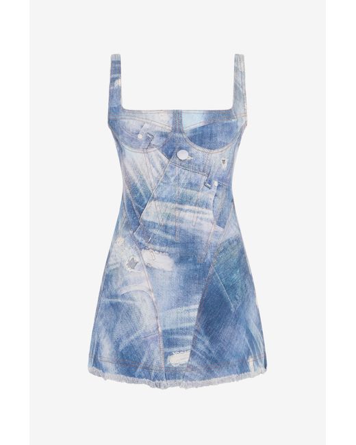 Roberto Cavalli Blue Denim Patch Print Mini Dress