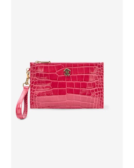 Roberto Cavalli Red Crocodile-Effect Flat Clutch