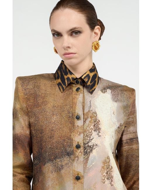 Roberto Cavalli Natural Silk Shirt Dress With Marble Print
