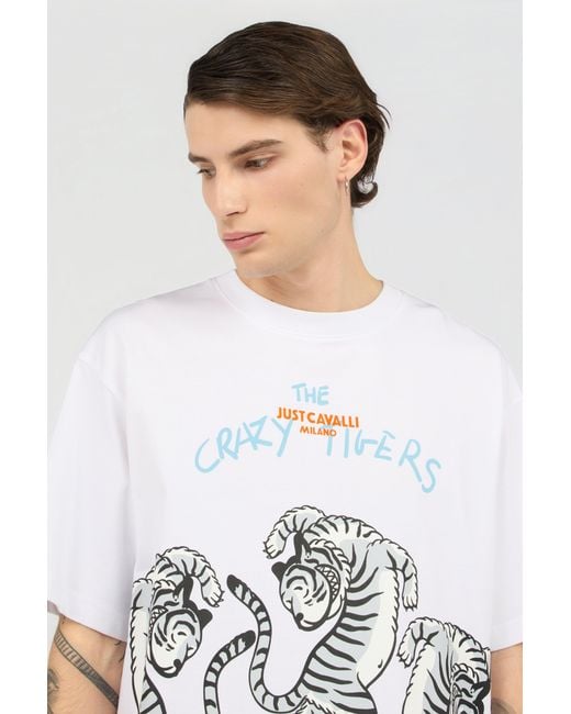 Roberto Cavalli White T-Shirt With Printed Tigers for men