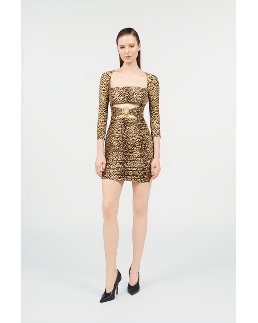 Roberto Cavalli Natural Mini Dress With Baby Jaguar Print And Cut-Out Detail