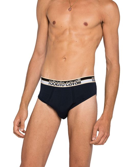 Roberto Cavalli Blue Two-Pack Cotton Briefs With Logo Waistband for men