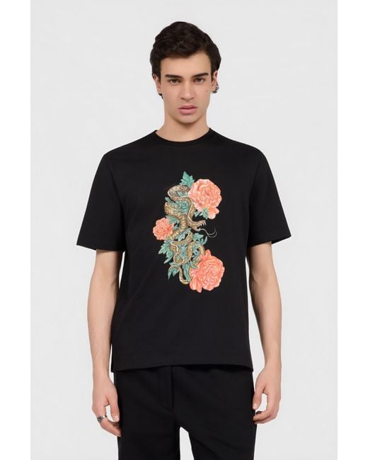 Roberto Cavalli Black T-Shirt With Snake Floral Print for men