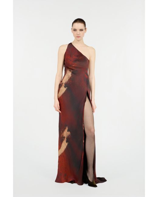 Roberto Cavalli Red Long Silk Dress With Marble Print