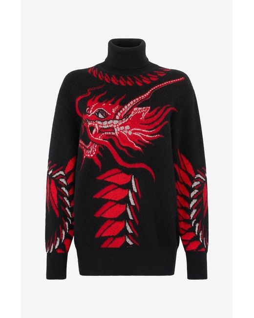 Roberto Cavalli Red Long Sweater With Pattern And Dragon
