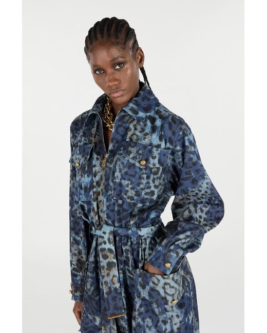 Roberto Cavalli Blue Jumpsuit With Leopard Print