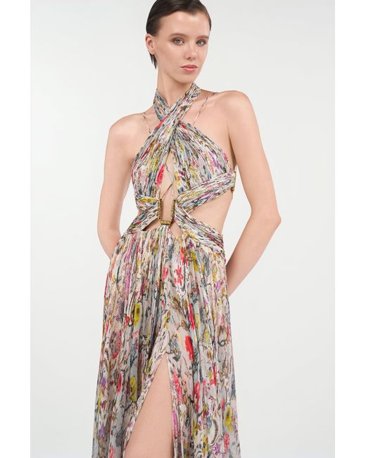 Roberto Cavalli Natural Long Chiffon Dress With Florentine Flowers Print