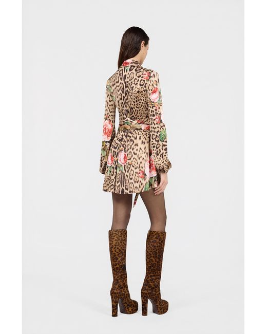 Roberto Cavalli White Mini Dress Jaguar Roses Print