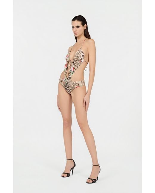 Roberto Cavalli White Jaguar Roses Print One-Piece Swimsuit