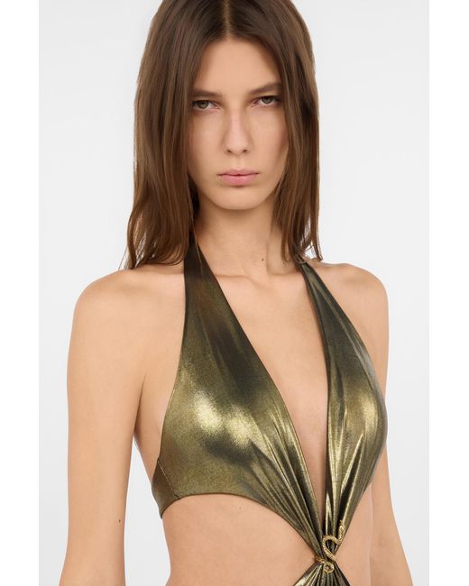 Roberto Cavalli Metallic Golden One-Piece Swimsuit With Snake Detail And Cut-Outs
