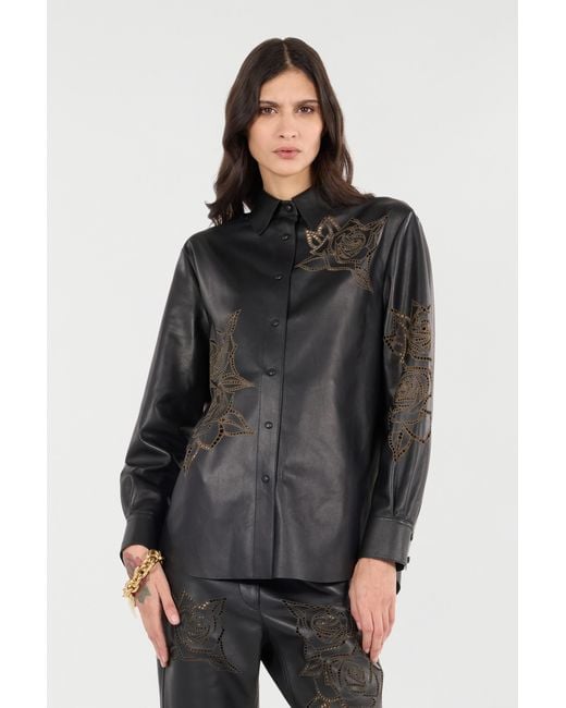 Roberto Cavalli Black Leather Shirt With Perforated Roses