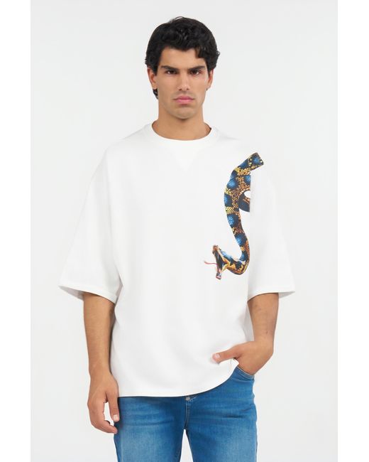 Roberto Cavalli White Oversized T-Shirt With Snake Print for men