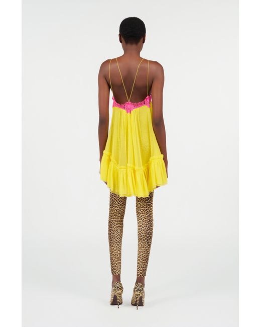 Roberto Cavalli Yellow Chiffon Dress With Lace Detail