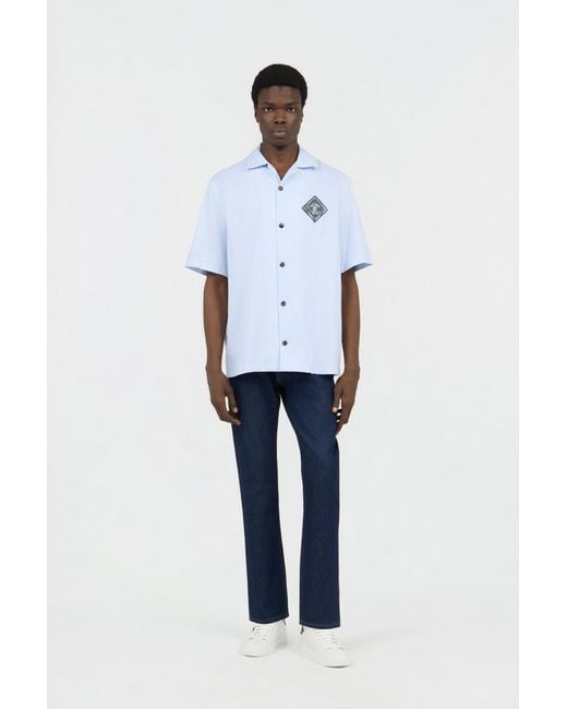 Roberto Cavalli Blue Striped Cotton Shirt With Monogram Rc Patch for men