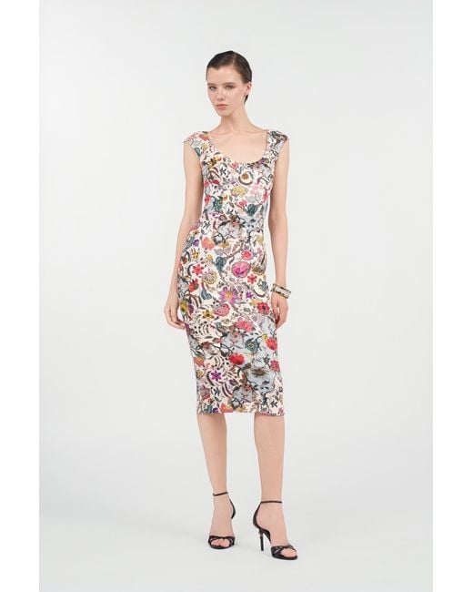 Roberto Cavalli White Sheath Dress With Florentine Flowers Print