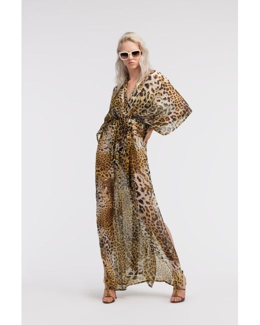 Roberto Cavalli Metallic Long Kaftan With Jaguar Skin Print