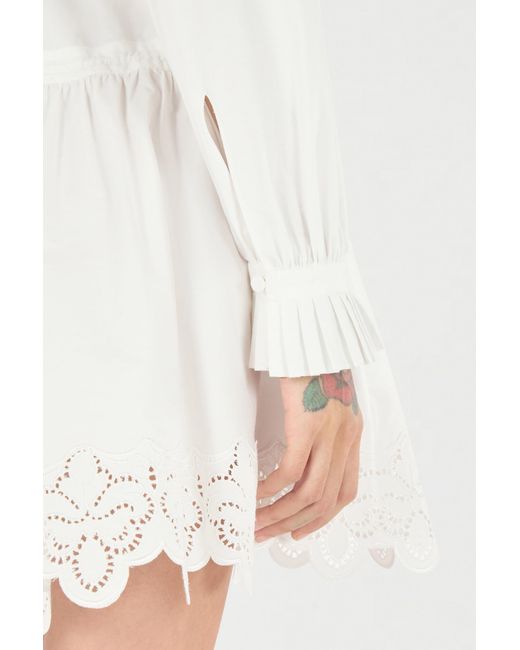 Roberto Cavalli White Mini Shirt Dress With Perforated Roses