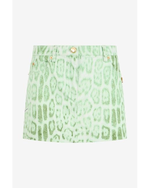 Roberto Cavalli Green Jaguar Mint Print Denim Mini Skirt