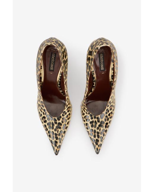 Roberto Cavalli Brown Animal-Print Leather Pumps With Snake Detail