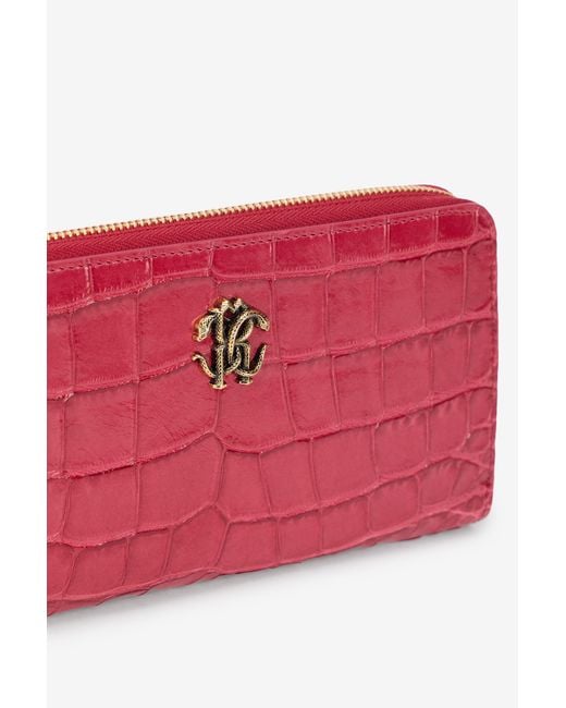 Roberto Cavalli Red Crocodile Effect Zip-Around Wallet