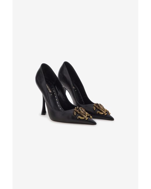 Roberto Cavalli Black Décolleté With Monogram Mirror Snake