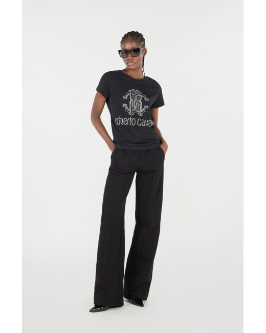 Roberto Cavalli Black T-Shirt With Rc Monogram And Logo With Studs