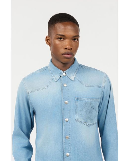 Roberto Cavalli Blue Denim Shirt With Mirror Snake Monogram for men