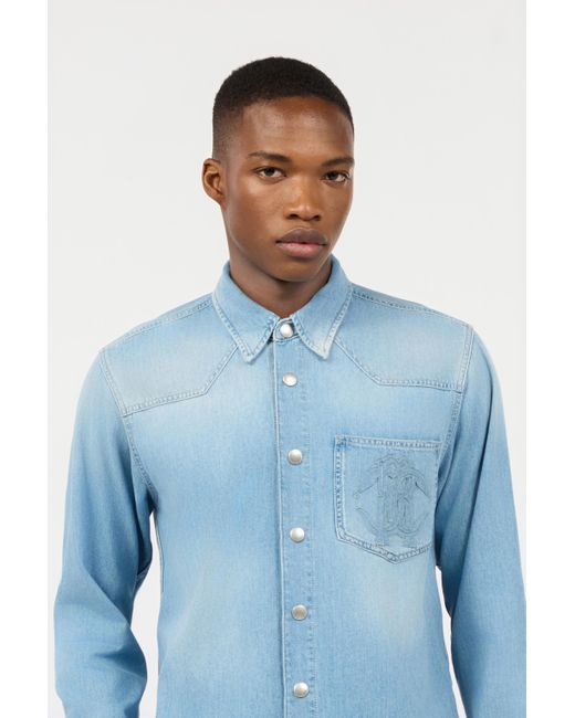 Roberto Cavalli Blue Denim Shirt With Mirror Snake Monogram for men