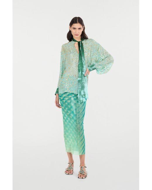 Roberto Cavalli Green Silk-Blend Blouse With Radiant Pattern