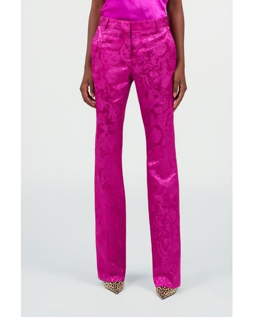 Roberto Cavalli Pink Brocade Flared Trousers With Jacquard Florentine Flowers Motif