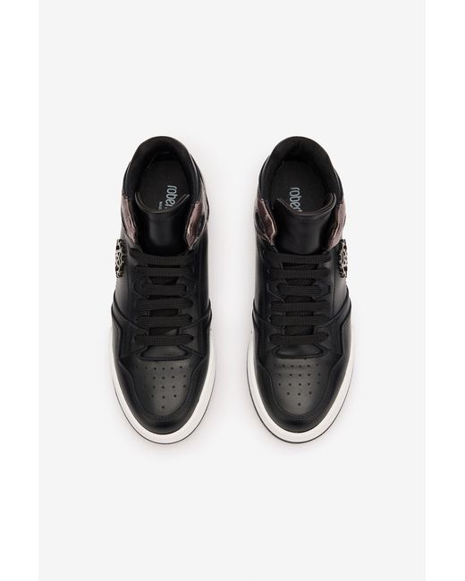 Roberto Cavalli Black High-Top Sneakers With Laminated Insert