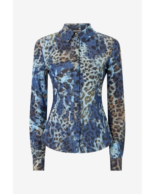 Roberto Cavalli Blue Cotton Shirt With Jaguar Skin Print