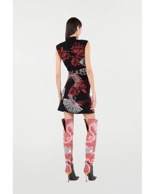 Roberto Cavalli Black Mini Dress With Floral And Dragon Pattern