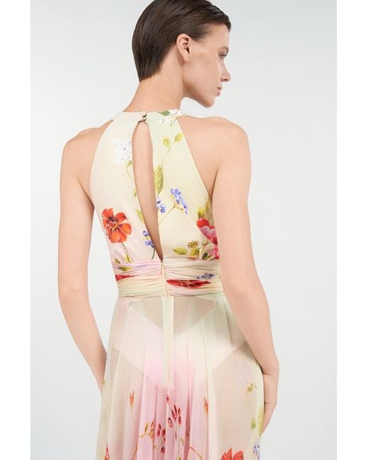 Roberto Cavalli White Long Chiffon Dress With Miami Flowers Print