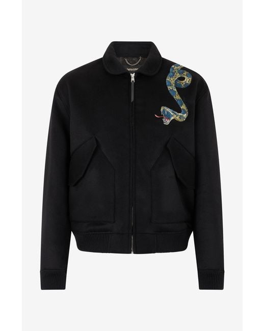 Roberto Cavalli Black Bomber Jacket With Snake Embroidery for men