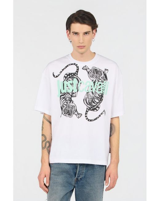 Roberto Cavalli White T-Shirt With Tiger Graphic And Logo for men