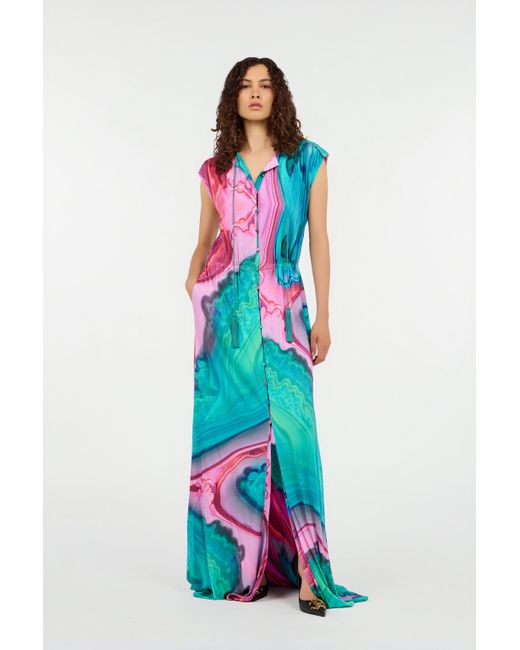 Roberto Cavalli Blue Long Dress Chemisier With Marbled Print