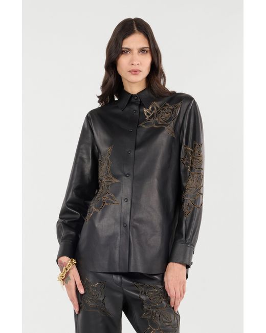 Roberto Cavalli Black Leather Shirt With Perforated Roses
