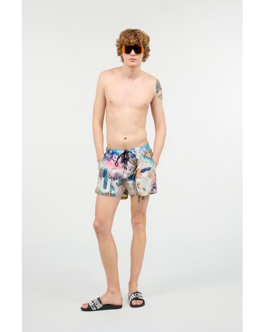 Roberto Cavalli Blue Swim Shorts With Floral And Jaguar Skin Print for men