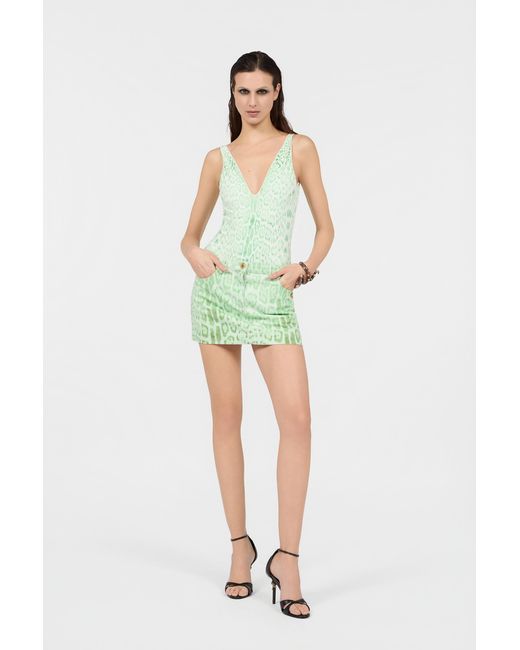 Roberto Cavalli Green Jaguar Mint Print Denim Mini Skirt