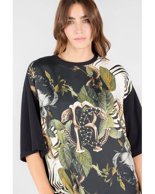 Roberto Cavalli Multicolor T-Shirt With Mirror Snake Monogram And Jungle Print
