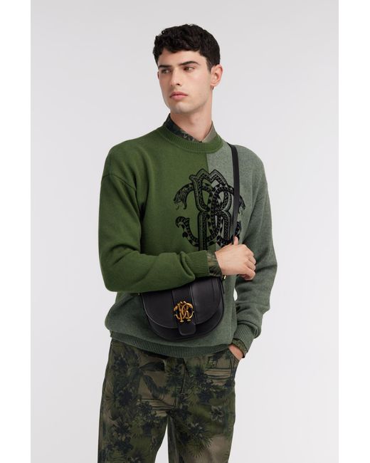 Roberto Cavalli Green Two-Tone Sweater With Monogram Rc for men
