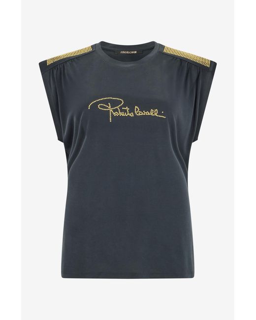 Roberto Cavalli Blue Anthracite T-Shirt With Studded Shoulders