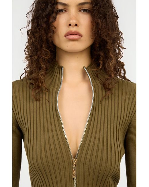 Roberto Cavalli Green Ribbed-Knit Zip-Front Midi Dress