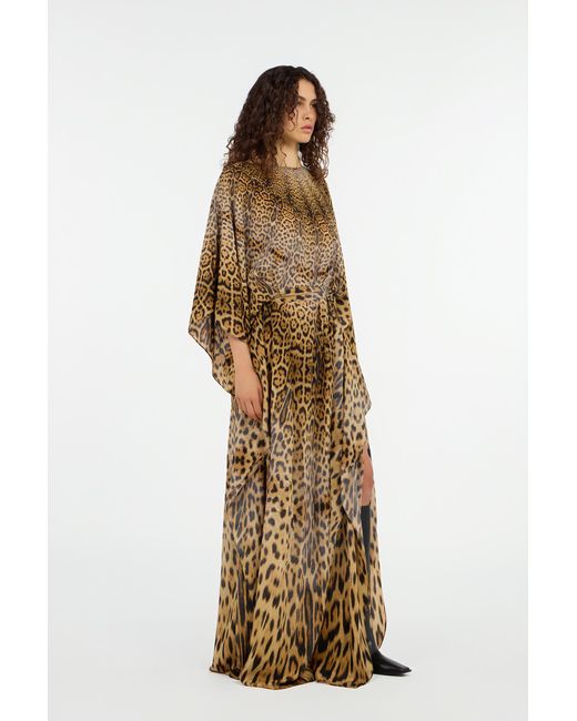 Roberto Cavalli Natural Long Silk Dress With Jaguar Skin Print
