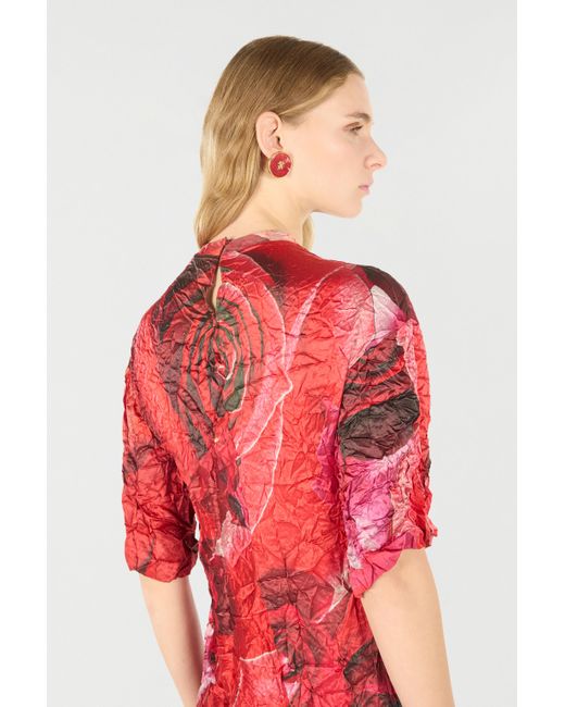 Roberto Cavalli Red Crinkled Asymmetric Dress With Rose Print