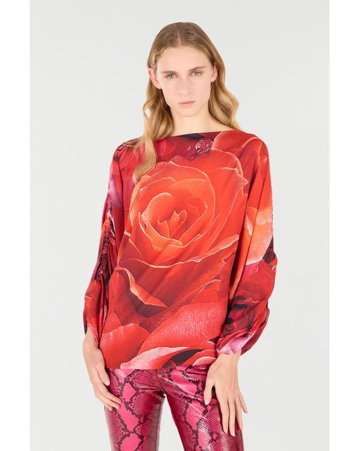 Roberto Cavalli Sweater With Gathered Sleeves And Rose Print