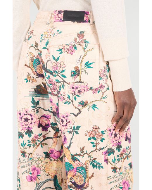 Roberto Cavalli White Jeans With Oriental Bird Print