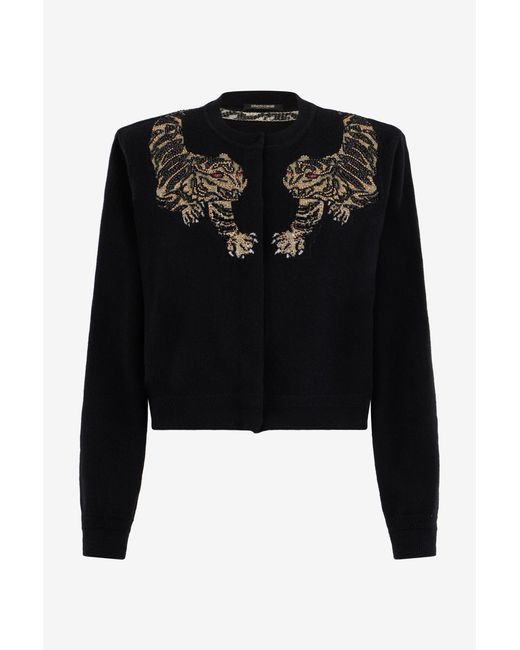 Roberto Cavalli Black Wool Cardigan With Tiger Embroidery